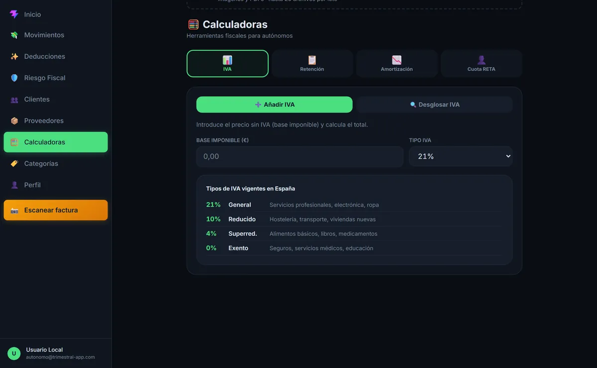Calculadora de IVA de Trimestral con los tipos vigentes en España