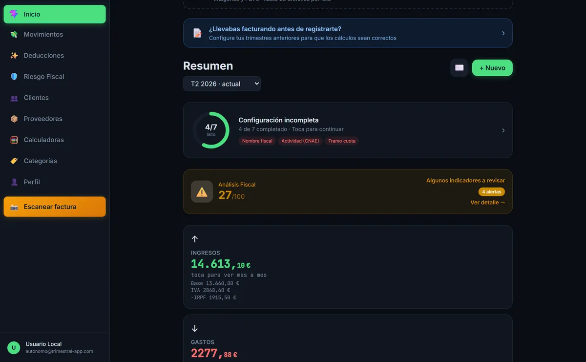 La app Trimestral calcula el modelo 303 (IVA trimestral) del autónomo automáticamente