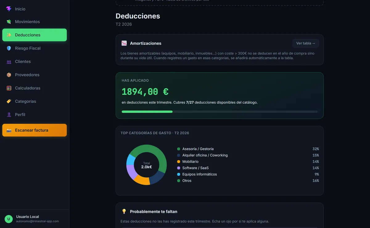 Pantalla de gastos deducibles en la app de contabilidad para autónomos Trimestral
