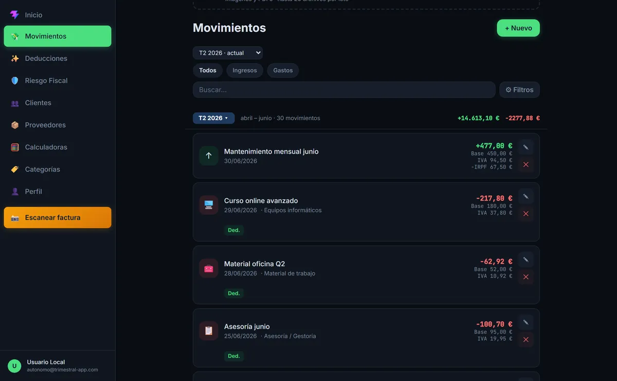 Listado de movimientos en Trimestral con los gastos marcados como deducibles